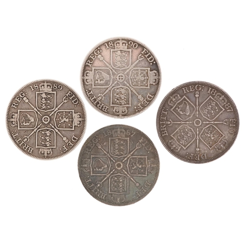 2080 - Four Victorian double florins comprising dates 1887, 1887, 1889 and 1890, 89g