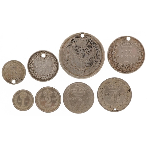 2086 - Victorian silver coinage including 1893 Maundy penny and twopence and an 1843 one and a half pence, ... 