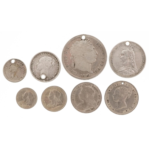 2086 - Victorian silver coinage including 1893 Maundy penny and twopence and an 1843 one and a half pence, ... 