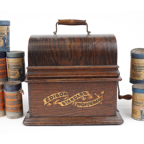 73 - Victorian Thomas Edison oak cased phonograph with various Amberol record cylinders, the phonograph 3... 