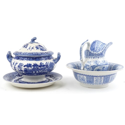 475 - Victorian blue and white wash jug and basin, transfer printed in the Tyrolienne pattern and a Copela... 