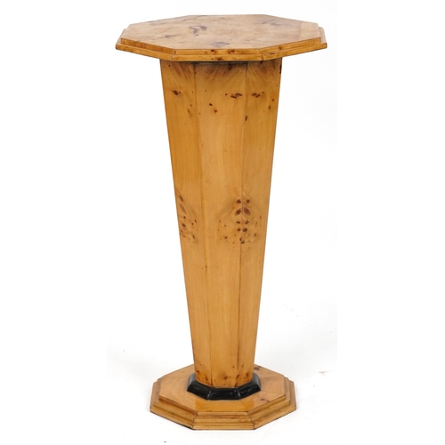 1081 - Art Deco style octagonal bird's eye maple effect pedestal with tapering column, 78.5cm high