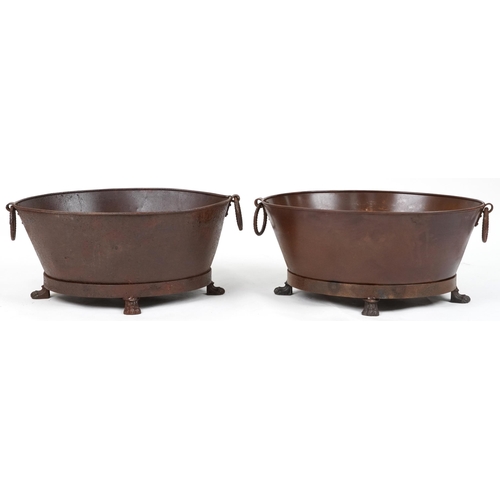 1188 - Pair of cast metal oval lock buckets with ring turned handles on paw feet, each 32cm H x 72cm W x 59... 