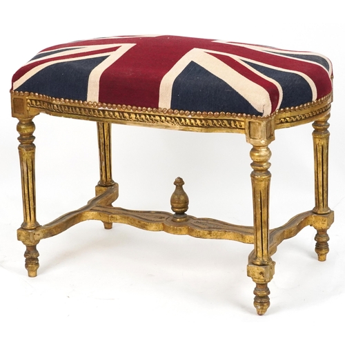 1097 - French style gilt stool with H stretcher on reeded legs with Union Jack design cushioned seat, 67cm ... 