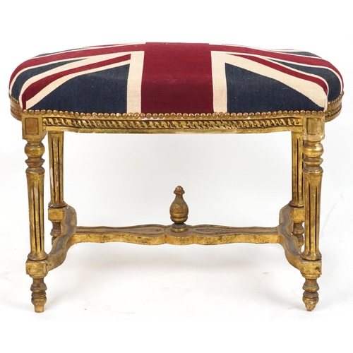 1097 - French style gilt stool with H stretcher on reeded legs with Union Jack design cushioned seat, 67cm ... 