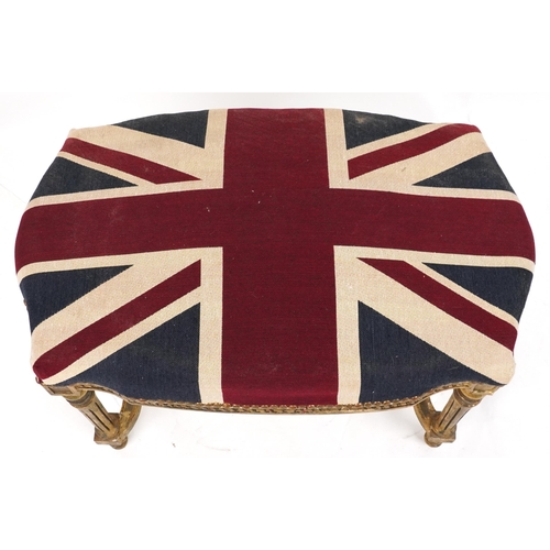 1097 - French style gilt stool with H stretcher on reeded legs with Union Jack design cushioned seat, 67cm ... 