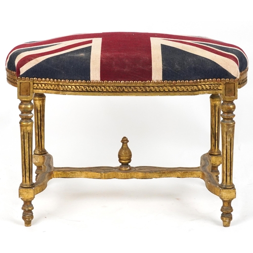 1097 - French style gilt stool with H stretcher on reeded legs with Union Jack design cushioned seat, 67cm ... 