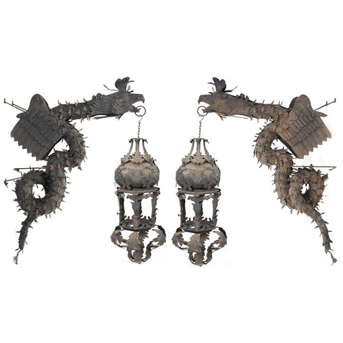 1136 - Pair of Chinese iron dragon wall lantern wall sculptures, each dragon 200cm in length