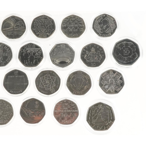 2191 - Twenty eight Elizabeth II fifty pence pieces, various designs including Scouts Be Prepared, London 2... 