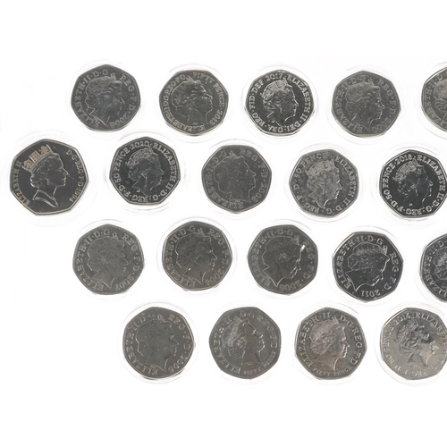 2191 - Twenty eight Elizabeth II fifty pence pieces, various designs including Scouts Be Prepared, London 2... 