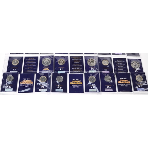 2186 - Six Elizabeth II Change Checker commemorative coin sets, each comprising five pound coin, three two ... 