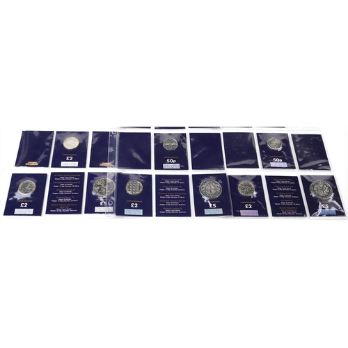 2186 - Six Elizabeth II Change Checker commemorative coin sets, each comprising five pound coin, three two ... 