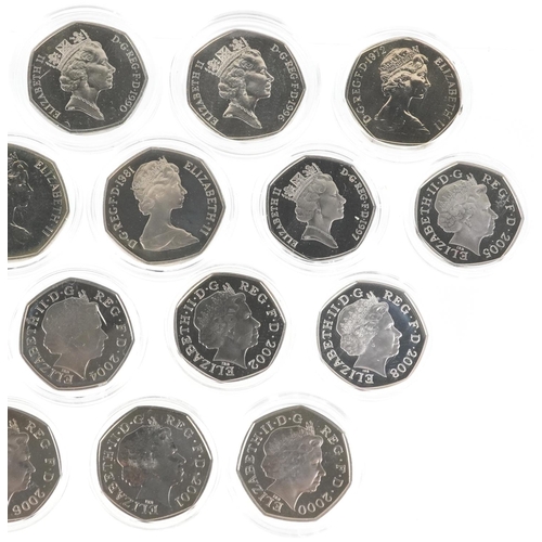 2189 - Twenty one Elizabeth II fifty pence pieces, predominantly proofs, various dates