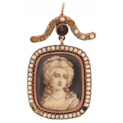 Georgian unmarked gold seed pearl portrait pendant hand painted with a young female, tests as 15ct gold, 5.0cm high, 11.3g