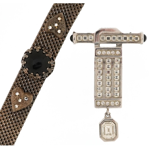 2760 - Art Deco style Christian Dior brooch and a white metal mesh link bracelet set with black onyx caboch... 