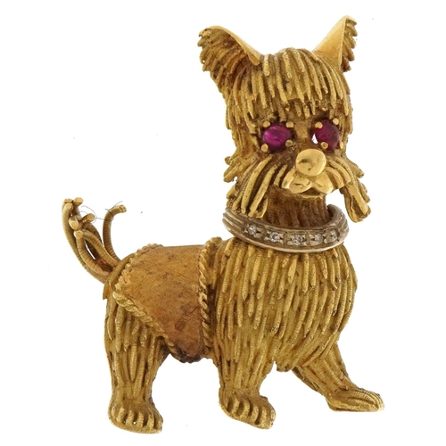 2222 - 18ct gold dog brooch with diamond set collar and ruby eyes, OCEV maker's mark, 4cm high, 14.2g