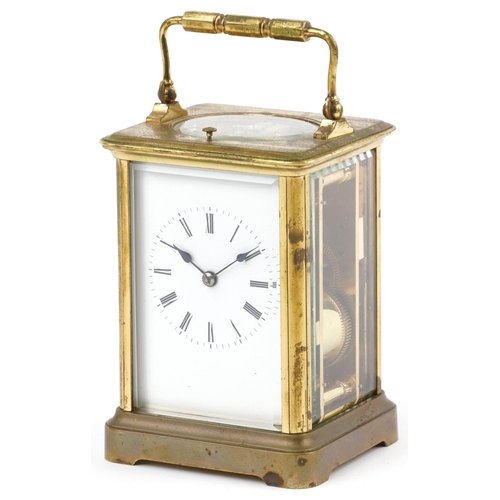 206 - Large French brass cased repeating carriage clock striking on a gong with enamelled dial having Roma... 