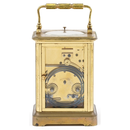 206 - Large French brass cased repeating carriage clock striking on a gong with enamelled dial having Roma... 