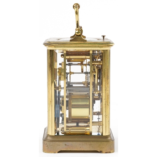 206 - Large French brass cased repeating carriage clock striking on a gong with enamelled dial having Roma... 