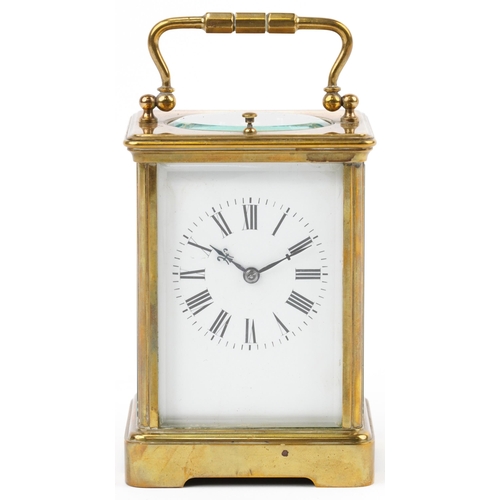 205 - Large French brass cased repeating carriage clock striking on a gong with enamelled dial having Roma... 