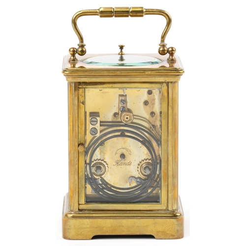 205 - Large French brass cased repeating carriage clock striking on a gong with enamelled dial having Roma... 