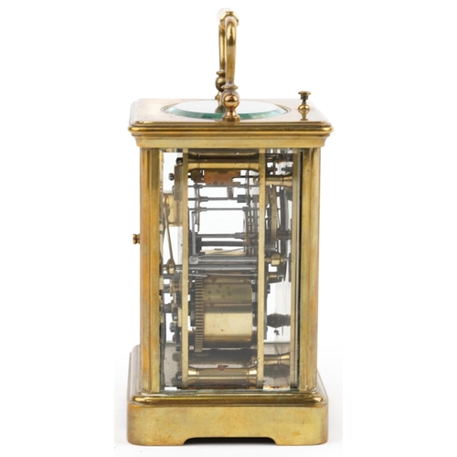 205 - Large French brass cased repeating carriage clock striking on a gong with enamelled dial having Roma... 