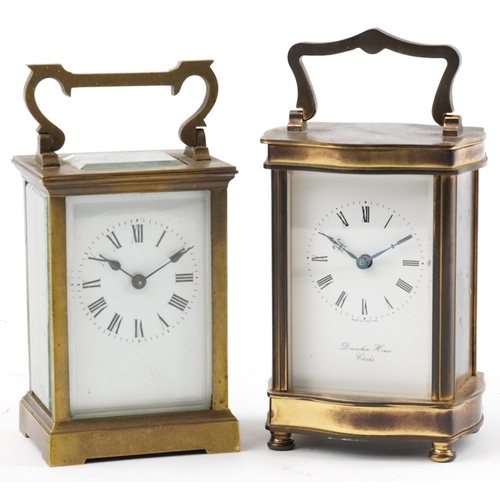 207 - Two brass cased carriage clocks including an example with serpentine case having enamelled dial with... 