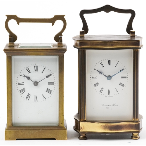 207 - Two brass cased carriage clocks including an example with serpentine case having enamelled dial with... 