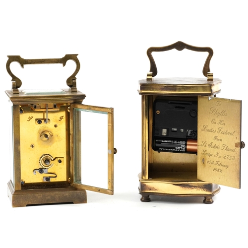 207 - Two brass cased carriage clocks including an example with serpentine case having enamelled dial with... 