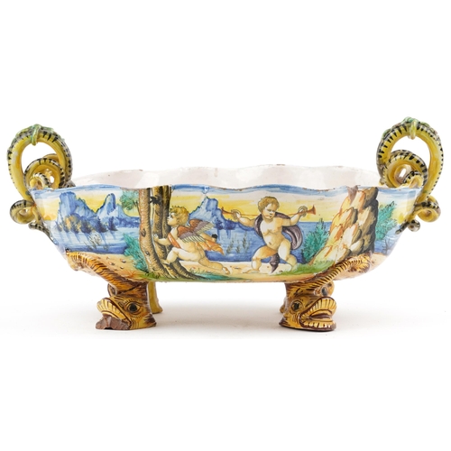 422 - Ulisse Cantagalli, 19th century Italian Maiolica twin handled centre bowl with mythical fish design ... 