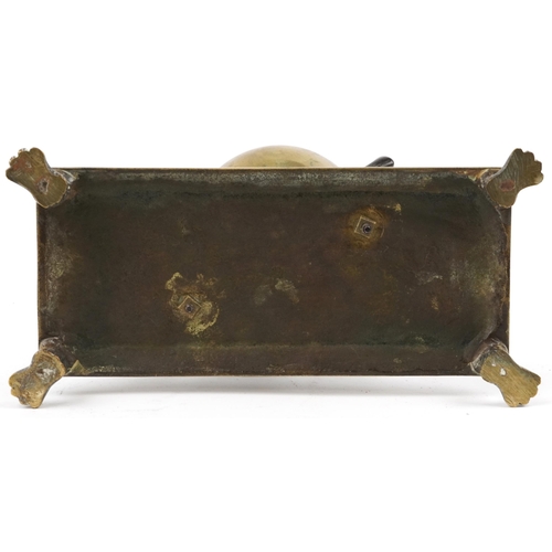 32 - 19th century Grand Tour patinated bronze Atlas & Liberty design inkwell on paw feet, 25cm wide