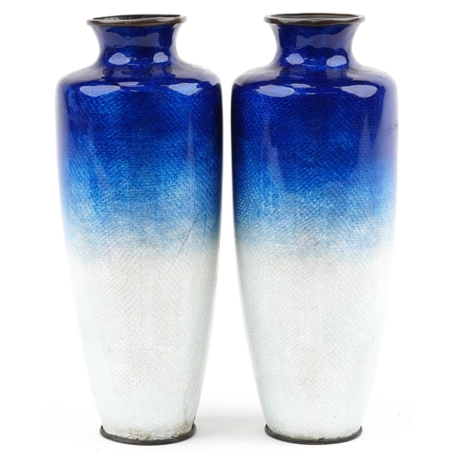 509 - Pair of Japanese blue and white ground cloisonne vases enamelled with flowers, each 24.5cm high