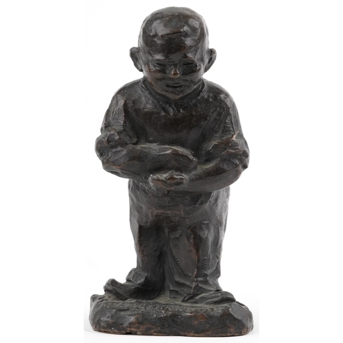 606 - Mid century patinated bronze statue of a young boy gathering, incised Viaveggio 49, 21cm high