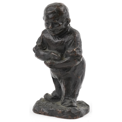 606 - Mid century patinated bronze statue of a young boy gathering, incised Viaveggio 49, 21cm high