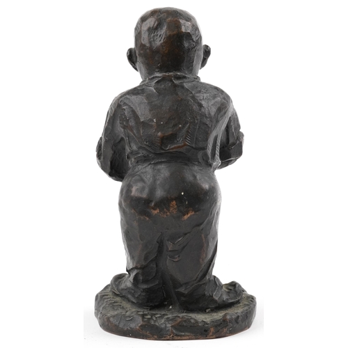 606 - Mid century patinated bronze statue of a young boy gathering, incised Viaveggio 49, 21cm high