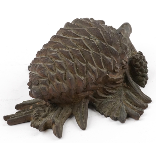 200 - 19th century French patinated bronze desk inkwell in the form of a pinecone, 15.5cm in length