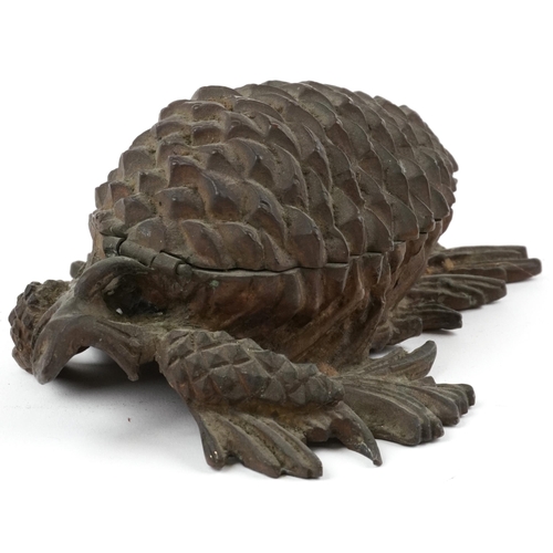 200 - 19th century French patinated bronze desk inkwell in the form of a pinecone, 15.5cm in length