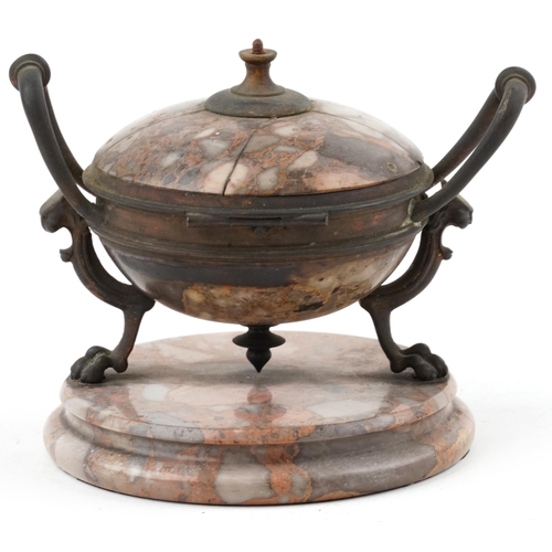 374 - 19th century Grand Tour patinated bronze and Breccia Pernice marble desk inkwell with mythical suppo... 