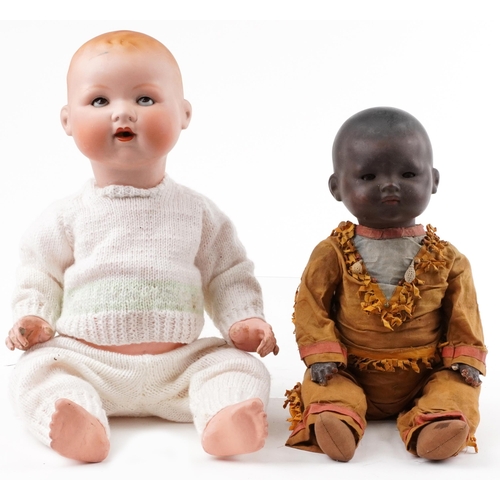 1607 - Armand Marseille, two German bisque headed dolls with jointed limbs including an African example, th... 