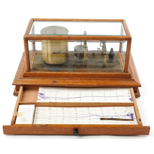 145 - Negretti & Zambra, Victorian oak cased barograph with Regency jewelled movement and various charts, ... 