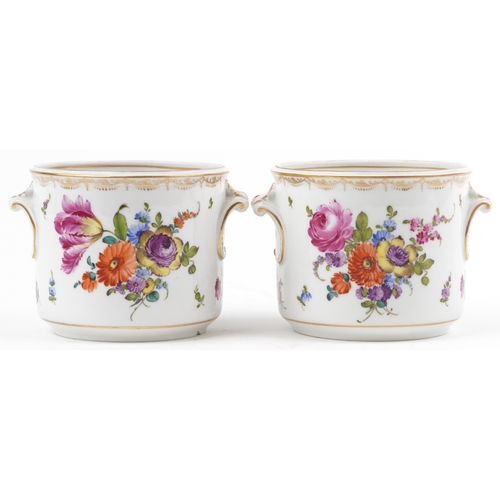 421 - Pair of 19th century European porcelain cache pots with twin handles, each hand painted with flowers... 
