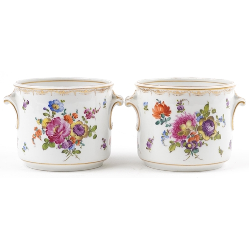 421 - Pair of 19th century European porcelain cache pots with twin handles, each hand painted with flowers... 