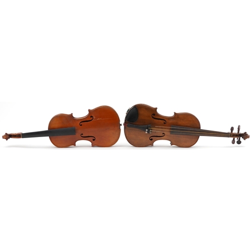 1686 - Two wooden violins with green baize lined wooden cases, the violin back 14 inches in length