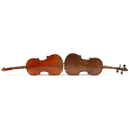 1686 - Two wooden violins with green baize lined wooden cases, the violin back 14 inches in length