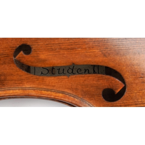 1686 - Two wooden violins with green baize lined wooden cases, the violin back 14 inches in length