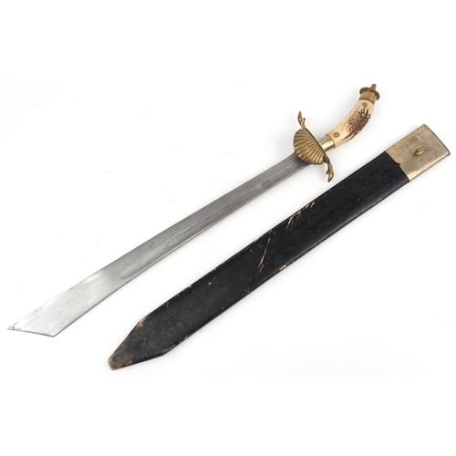 1903 - Military interest short sword and scabbard with staghorn handle and engraved steel blade, 82cm in le... 