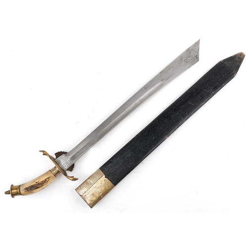 1903 - Military interest short sword and scabbard with staghorn handle and engraved steel blade, 82cm in le... 