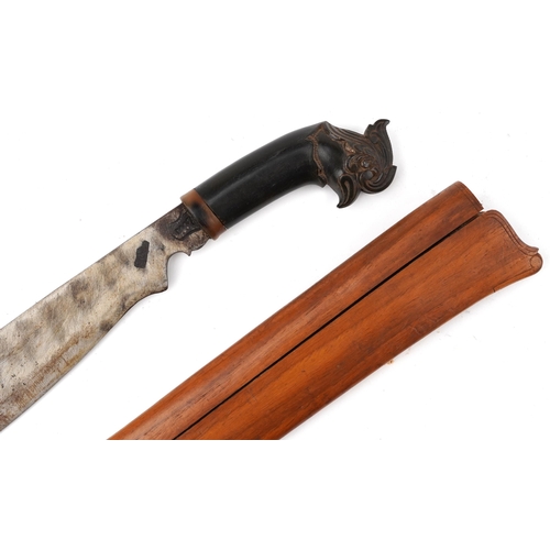 1915 - Asian Bolo machete knife with horn handle and hardwood sheath, the handle possibly rhinoceros horn, ... 