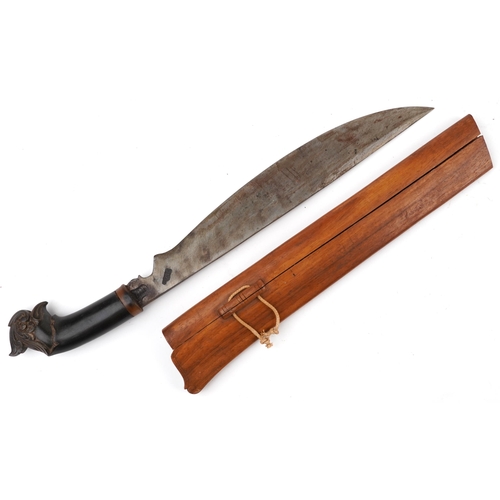 1915 - Asian Bolo machete knife with horn handle and hardwood sheath, the handle possibly rhinoceros horn, ... 