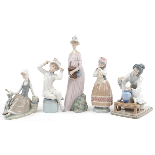 639 - Five Lladro figures and figurines including My Little Pet Girl looking at her Dog 4994 and Japanese ... 